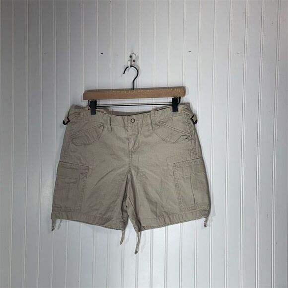 Vintage L.E.I. Utility Cargo Shorts Sz 9 Beige Khaki Y2K Drawstring Hem Pockets - Picture 1 of 7